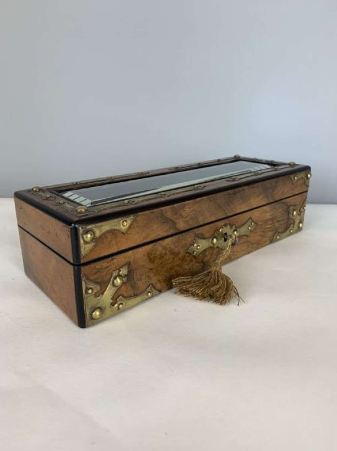 French C1870 Walnut Glove Jewellery Box With Bevelled Glass Panel