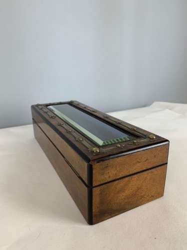 French C1870 Walnut Glove Jewellery Box With Bevelled Glass Panel