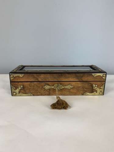 French C1870 Walnut Glove Jewellery Box With Bevelled Glass Panel
