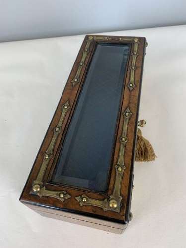 French C1870 Walnut Glove Jewellery Box With Bevelled Glass Panel