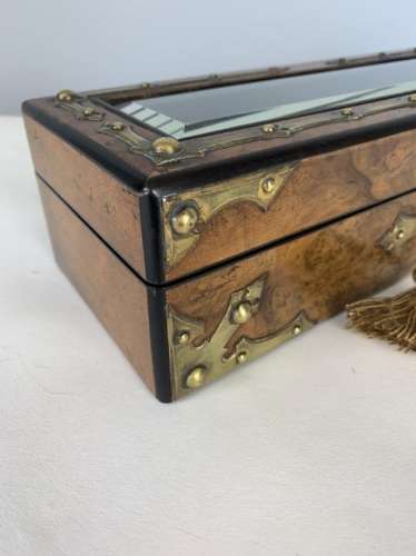 French C1870 Walnut Glove Jewellery Box With Bevelled Glass Panel