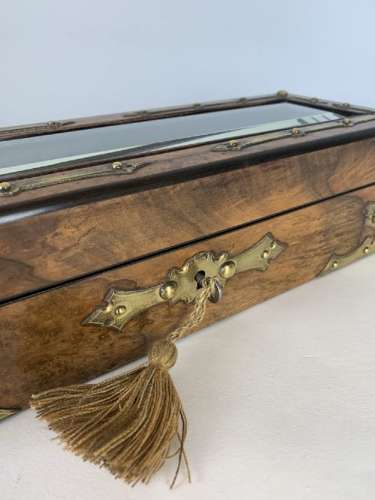 French C1870 Walnut Glove Jewellery Box With Bevelled Glass Panel
