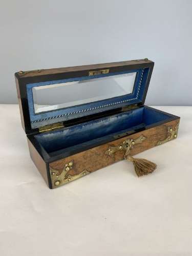 French C1870 Walnut Glove Jewellery Box With Bevelled Glass Panel