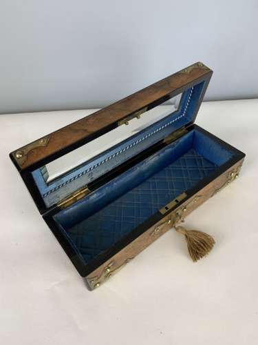 French C1870 Walnut Glove Jewellery Box With Bevelled Glass Panel