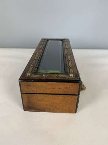 French C1870 Walnut Glove Jewellery Box With Bevelled Glass Panel
