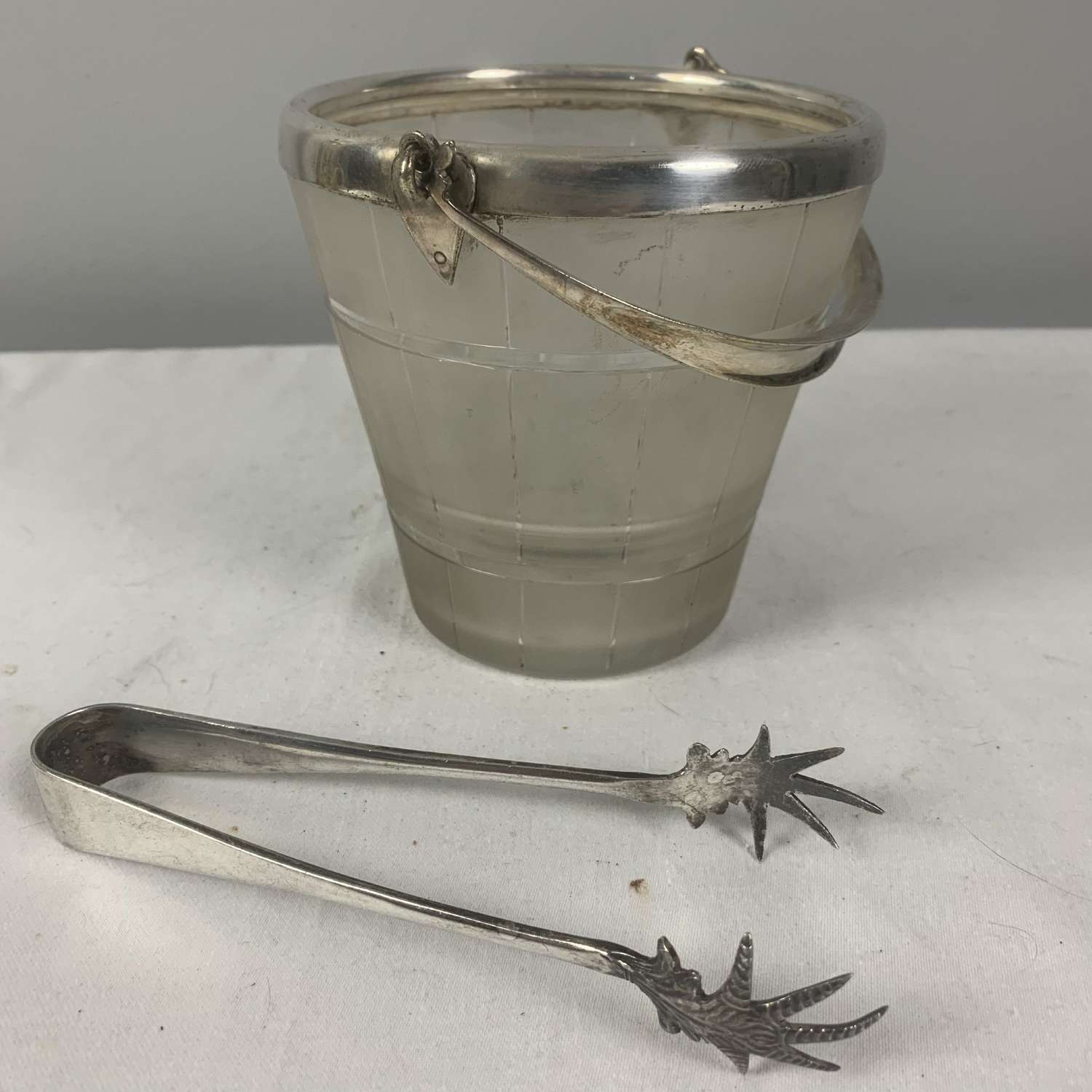 Art Deco Silver Plated Frosted Glass Ice Bucket & Tongs