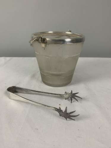 Art Deco Silver Plated Frosted Glass Ice Bucket & Tongs