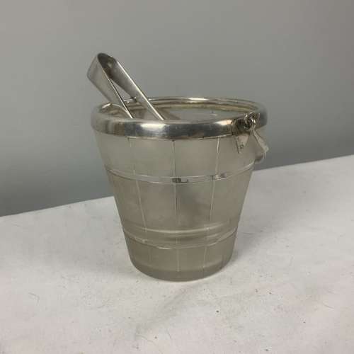 Art Deco Silver Plated Frosted Glass Ice Bucket & Tongs