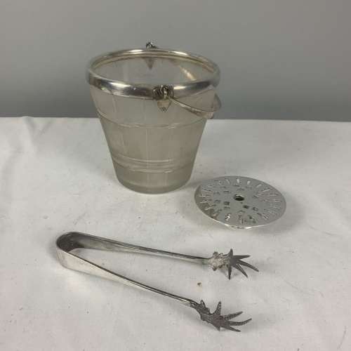 Art Deco Silver Plated Frosted Glass Ice Bucket & Tongs