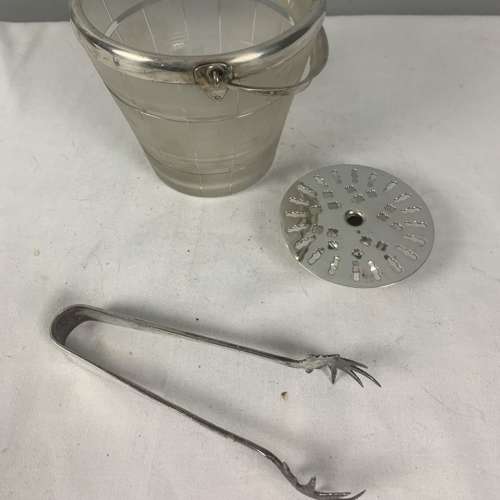 Art Deco Silver Plated Frosted Glass Ice Bucket & Tongs
