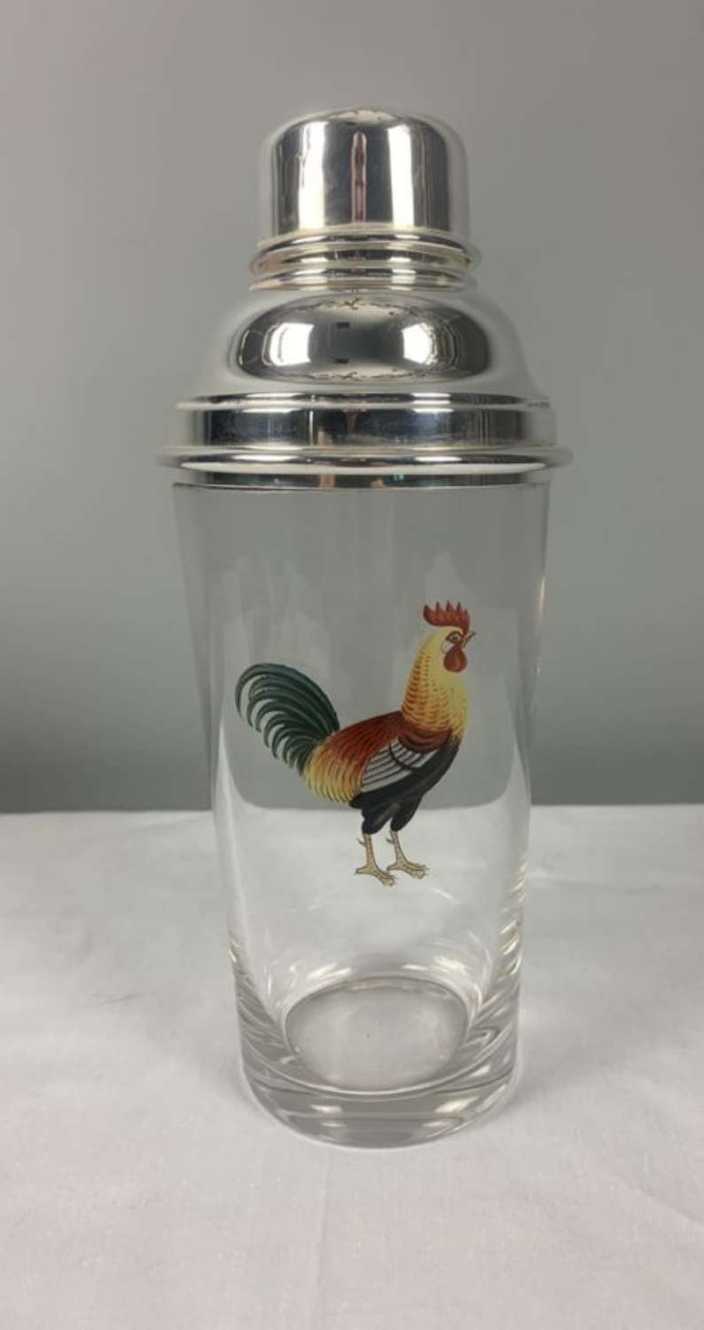 Unusual Art Deco Cockerel Glass Silver Plated Cocktail Shaker