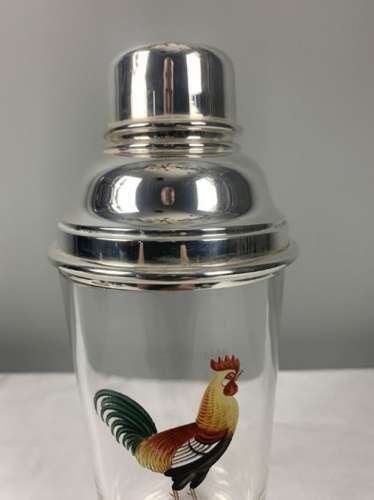 Unusual Art Deco Cockerel Glass Silver Plated Cocktail Shaker