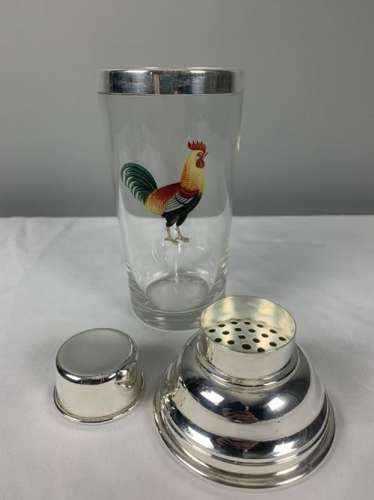 Unusual Art Deco Cockerel Glass Silver Plated Cocktail Shaker