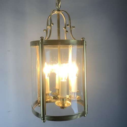 French Polished Brass Four Light Convex Antique Hall Lantern, Rewired
