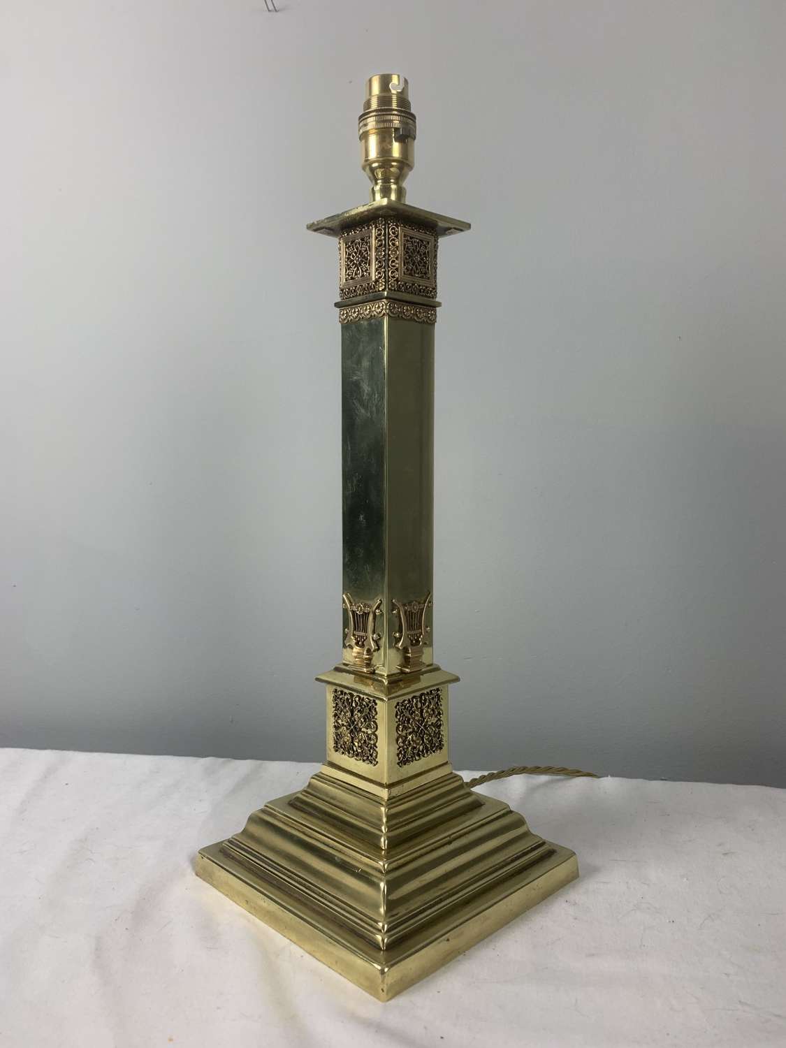 Victorian Decorated Brass Column Table Lamp, Rewired And Pat Tested