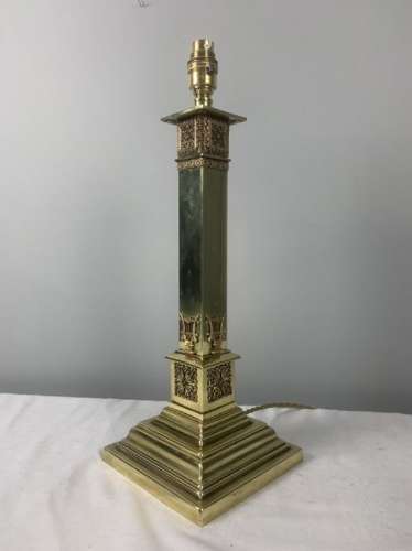 Victorian Decorated Brass Column Table Lamp, Rewired And Pat Tested