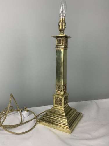 Victorian Decorated Brass Column Table Lamp, Rewired And Pat Tested