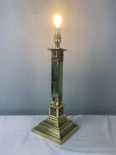 Victorian Decorated Brass Column Table Lamp, Rewired And Pat Tested