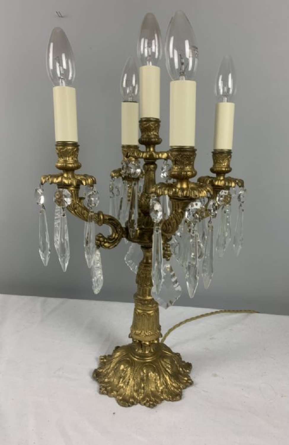 French 5 Light Gilt Brass Candelabra, Table Lamp, Rewired And Pat Test