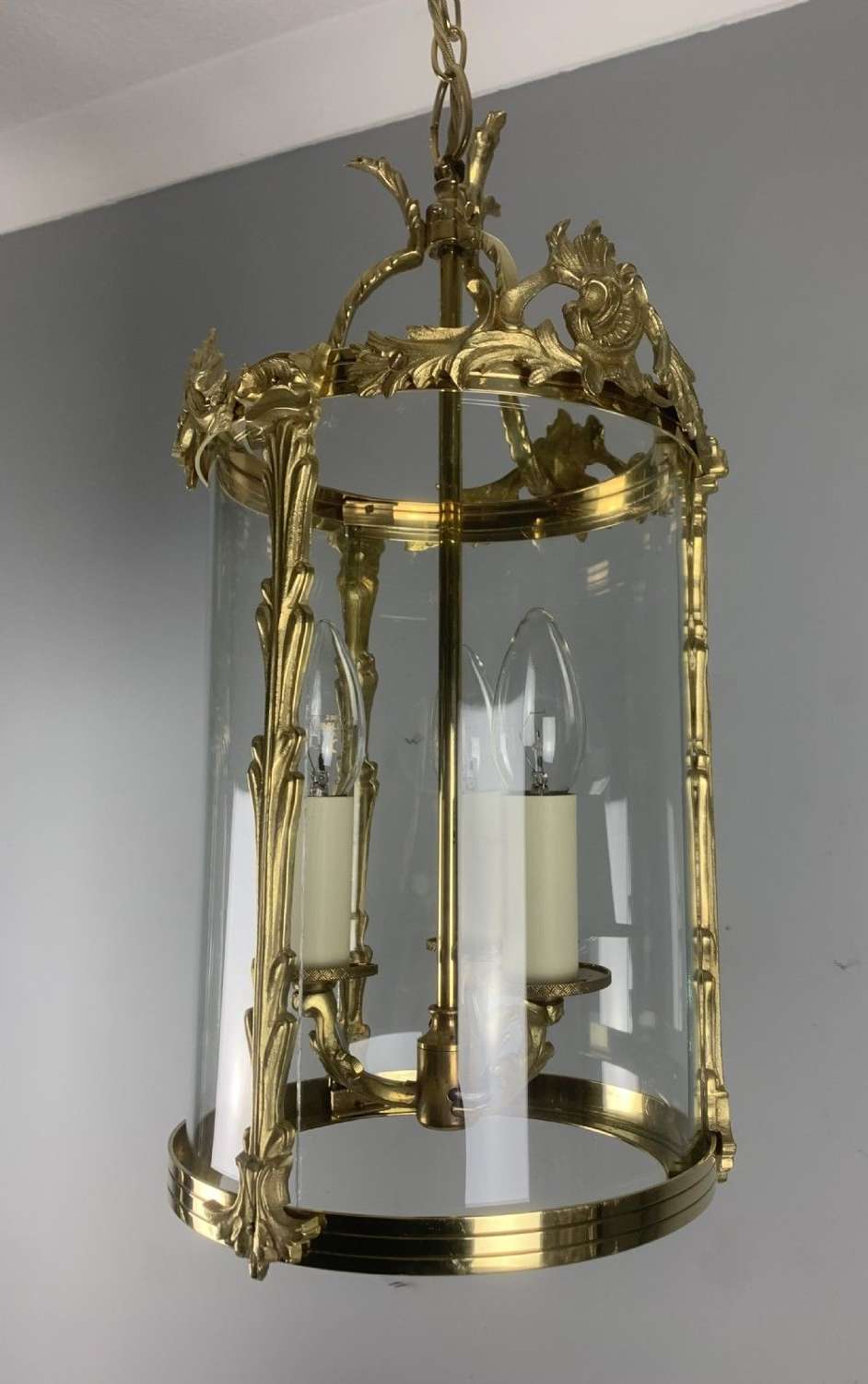French Polished Brass Triple Light Brass Convex Lantern, Rewired