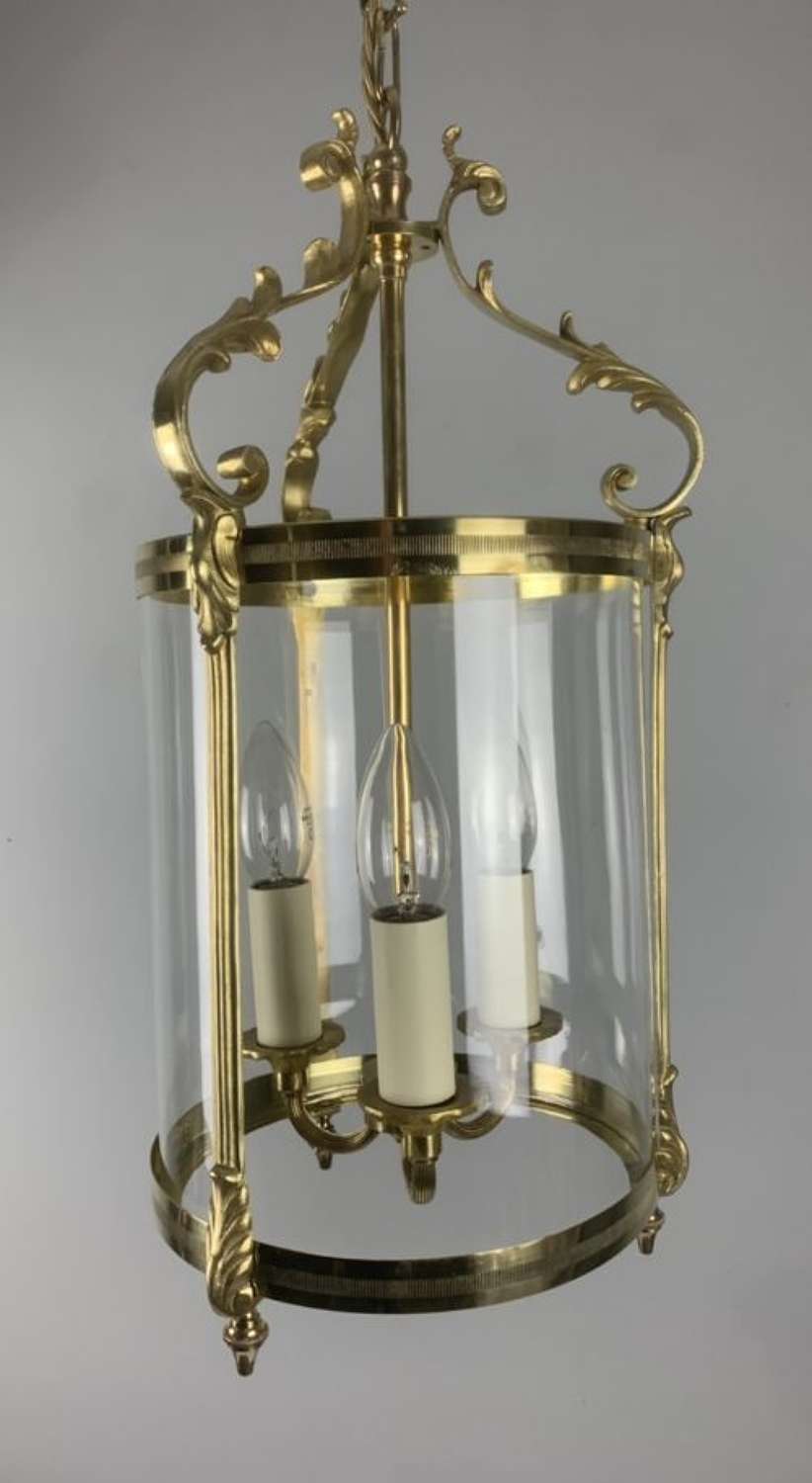 French Polished Brass Triple Light Hall Lantern, Rewired