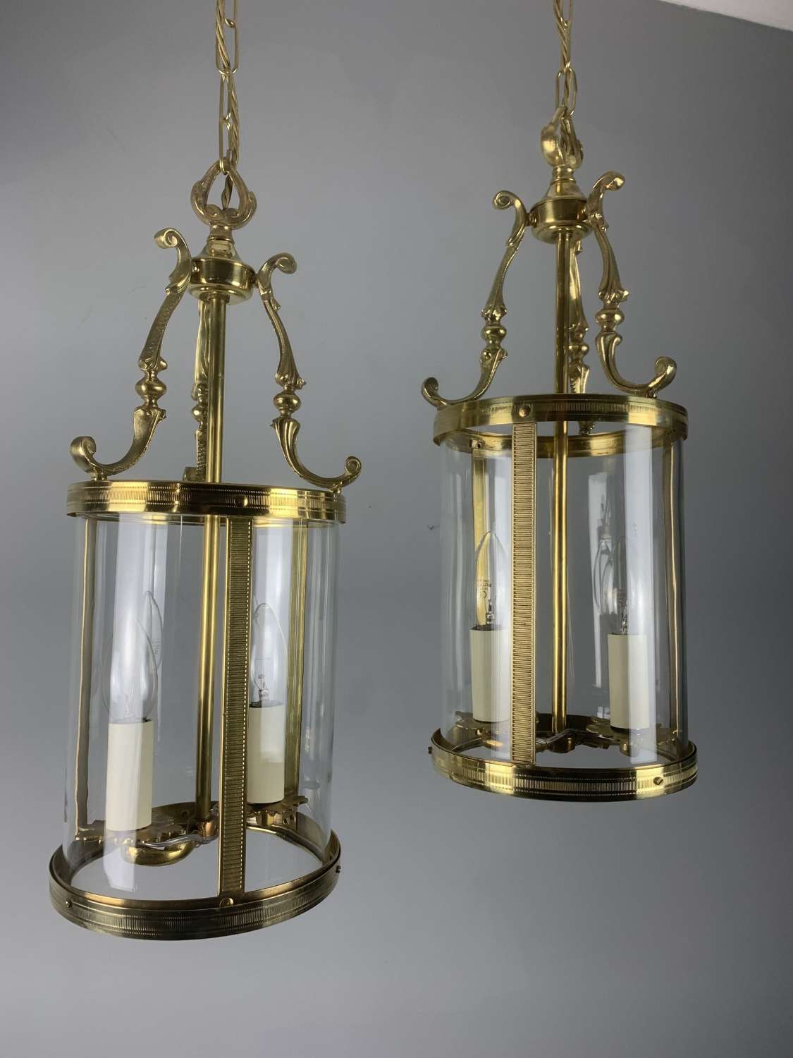 Pair Of French Polished Brass Twin Light Convex Lanterns, Rewired