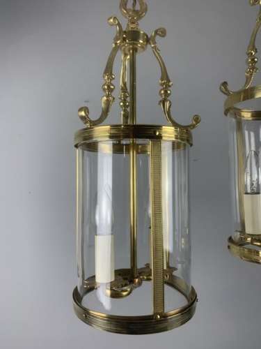 Pair Of French Polished Brass Twin Light Convex Lanterns, Rewired