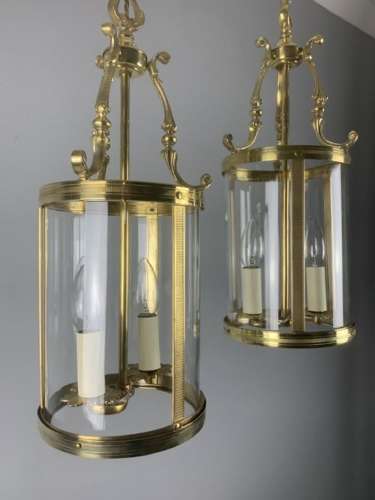 Pair Of French Polished Brass Twin Light Convex Lanterns, Rewired