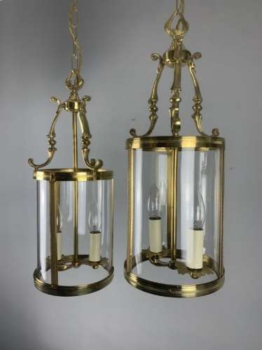 Pair Of French Polished Brass Twin Light Convex Lanterns, Rewired