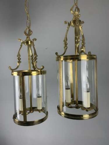 Pair Of French Polished Brass Twin Light Convex Lanterns, Rewired