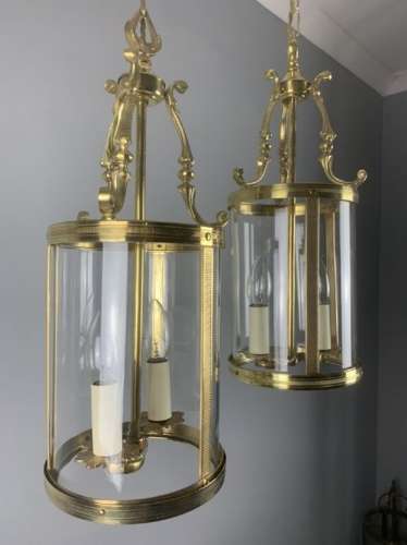 Pair Of French Polished Brass Twin Light Convex Lanterns, Rewired