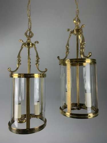 Pair Of French Polished Brass Twin Light Convex Lanterns, Rewired
