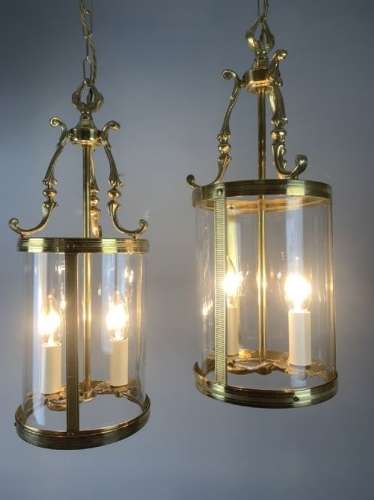 Pair Of French Polished Brass Twin Light Convex Lanterns, Rewired
