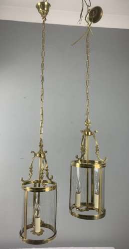 Pair Of French Polished Brass Twin Light Convex Lanterns, Rewired
