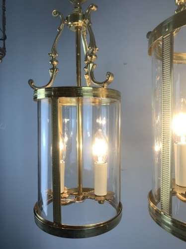Pair Of French Polished Brass Twin Light Convex Lanterns, Rewired