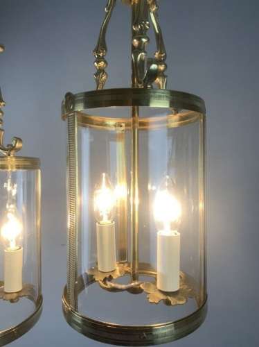 Pair Of French Polished Brass Twin Light Convex Lanterns, Rewired
