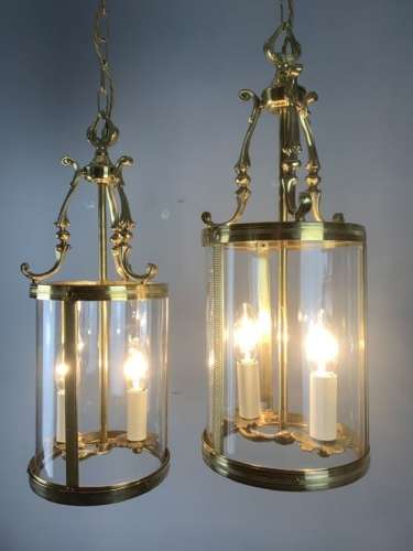 Pair Of French Polished Brass Twin Light Convex Lanterns, Rewired
