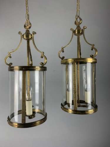Pair Of French Brass Twin Light Convex Lanterns, Rewired