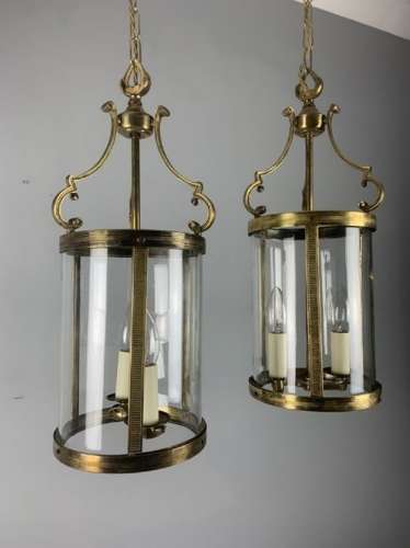 Pair Of French Brass Twin Light Convex Lanterns, Rewired