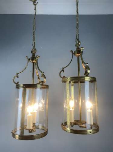 Pair Of French Brass Twin Light Convex Lanterns, Rewired