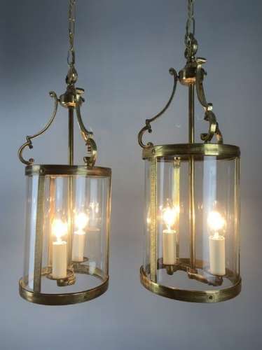 Pair Of French Brass Twin Light Convex Lanterns, Rewired