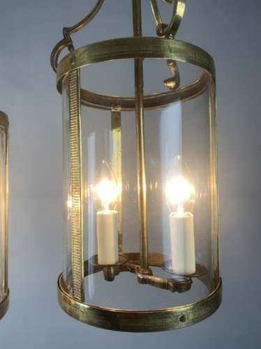 Pair Of French Brass Twin Light Convex Lanterns, Rewired