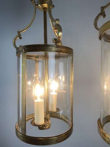 Pair Of French Brass Twin Light Convex Lanterns, Rewired