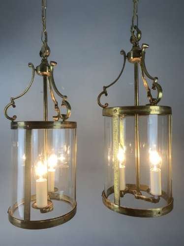 Pair Of French Brass Twin Light Convex Lanterns, Rewired