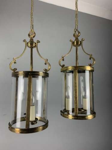 Pair Of French Brass Twin Light Convex Lanterns, Rewired