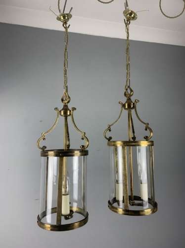 Pair Of French Brass Twin Light Convex Lanterns, Rewired