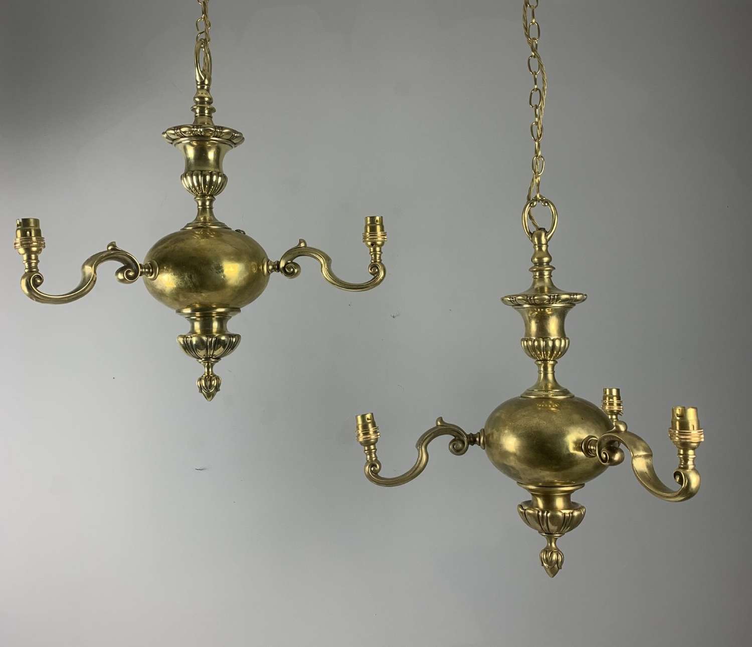 Pair Of English Brass 3 Branch Chandeliers, Ceiling Lights, Rewired An