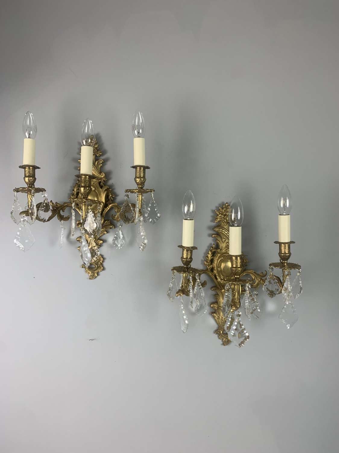 French Gilt Brass Triple Arm Antique Wall Lights With Glass Droppers