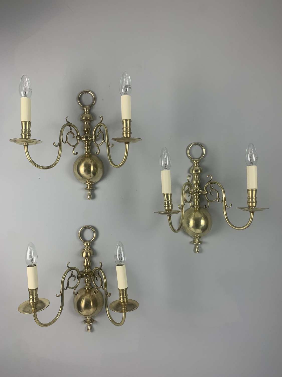 Set Of 3 English Polished Brass Twin Arm Antique Wall Lights