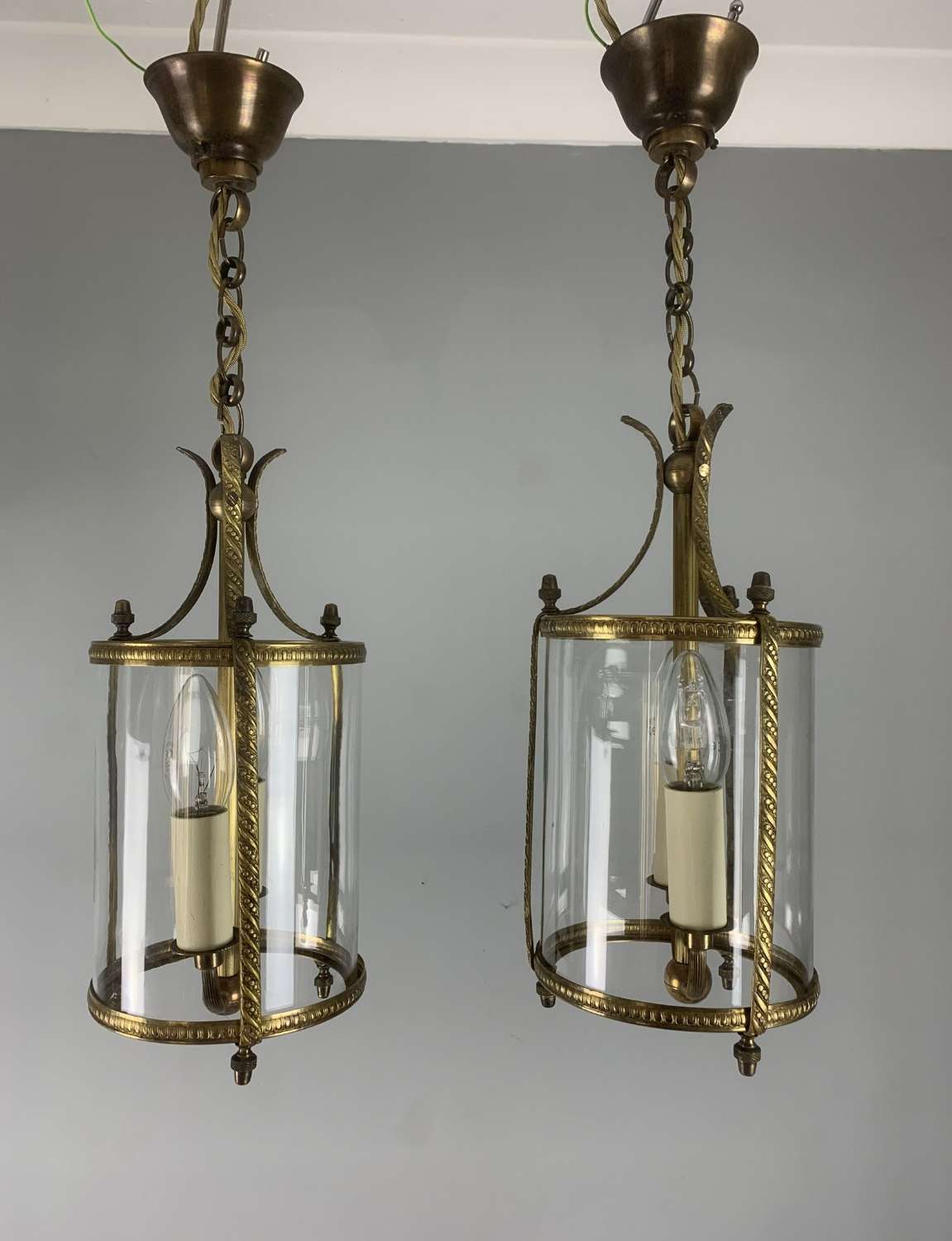 Pair Of Small Twin Light Convex Brass Lanterns, Rewired